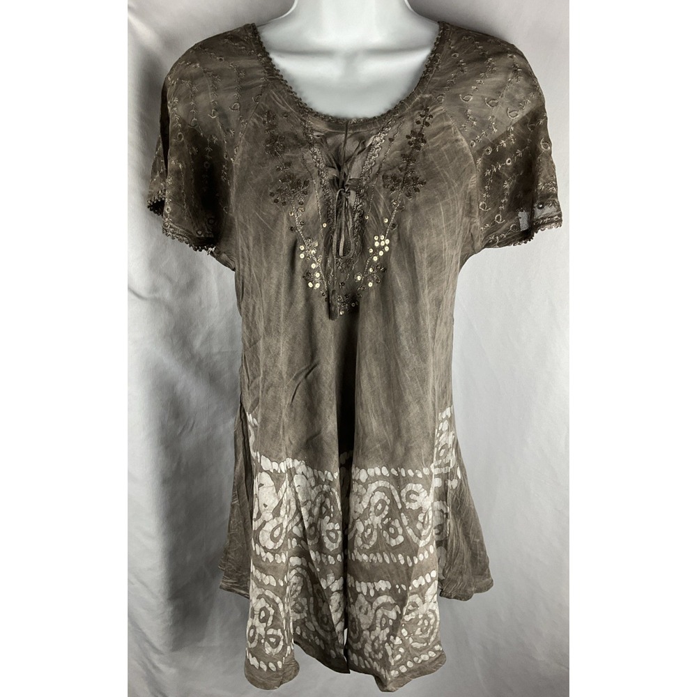 Sakkas Women's OS Gray Boho Tunic Top Sequin Peasant Blouse Hippie Festival